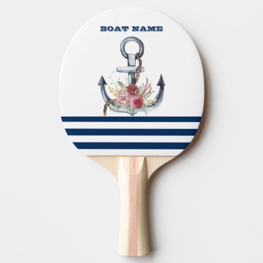 ボート名，いかりフラワーネイビーブルーストライプズ 卓球ラケット (正面)