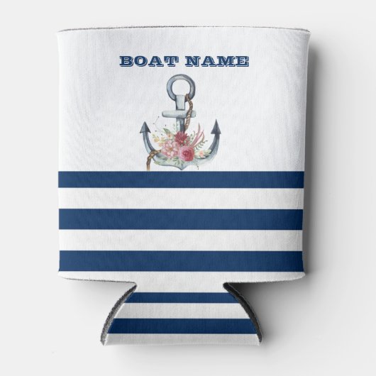 ボート名，いかりフラワーネイビーブルーストライプズ 缶クーラー (正面)