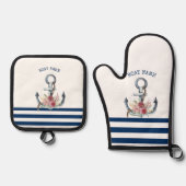 ボート名，いかりフラワーネイビーブルーストライプズ 鍋つかみ&鍋敷きセット (正面)