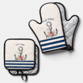 ボート名，いかりフラワーネイビーブルーストライプズ 鍋つかみ&鍋敷きセット (正面/裏面)