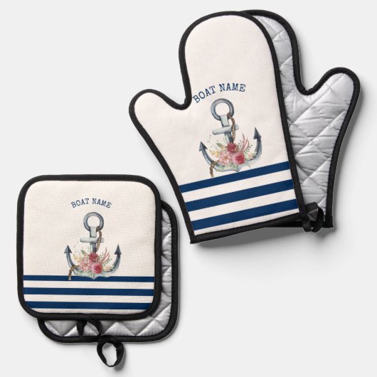 ボート名，いかりフラワーネイビーブルーストライプズ 鍋つかみ&鍋敷きセット (正面/裏面)