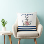 ボート名、アンカー フラワーズ ネイビーブルー ストライプ クッション (椅子)