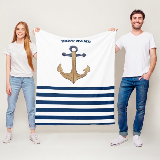 ボート名,レトロいかりネイビーブルーホワイトストライプズ フリースブランケット (インサイチュ)