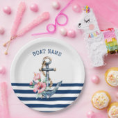 ボート名,花の錨 ネイビーブルーのストライプ ペーパープレート (パーティー)