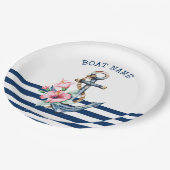 ボート名,花の錨 ネイビーブルーのストライプ ペーパープレート (アングル)