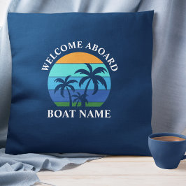ボート名Sun Palm Trees Welcome Aboard Blue アウトドアクッション