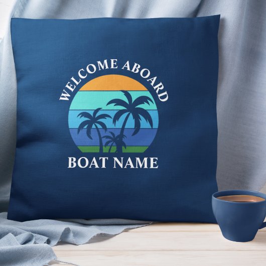 ボート名Sun Palm Trees Welcome Aboard Blue アウトドアクッション