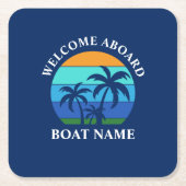 ボート名Sun Palm Trees Welcome Aboard Blue スクエアペーパーコースター (正面)