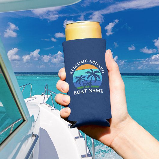 ボート名Sun Palm Trees Welcome Aboard Blue スリム缶クーラー