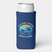 ボート名Sun Palm Trees Welcome Aboard Blue スリム缶クーラー (Seltzer正面)