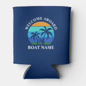 ボート名Sun Palm Trees Welcome Aboard Blue 缶クーラー (正面)