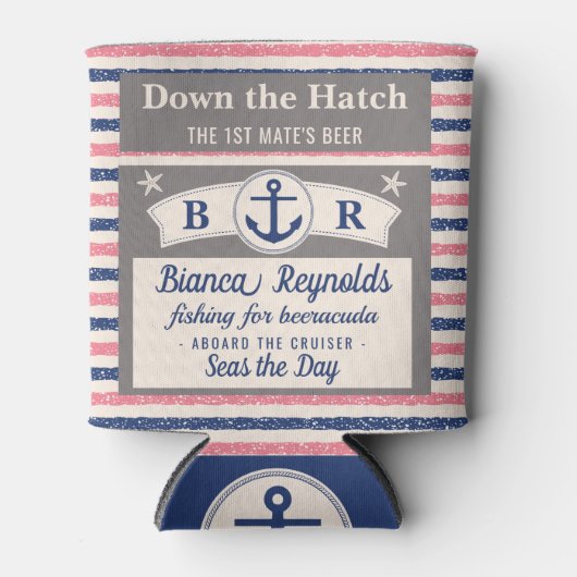 ボート第1メイト船航海の母かわいストライプのビール 缶クーラー (正面)