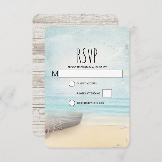 ボート素朴結婚式RSVPカード付きビーチシーン 出欠カード (正面/裏面)