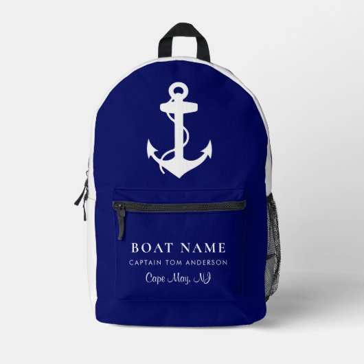 ボート航海のいかりキャプテンファミリー名海軍ブルー プリントバックパック (正面)