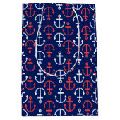 ボート航海のいかりパターンホワイト&コーラルレッド ミディアムペーパーバッグ (正面)