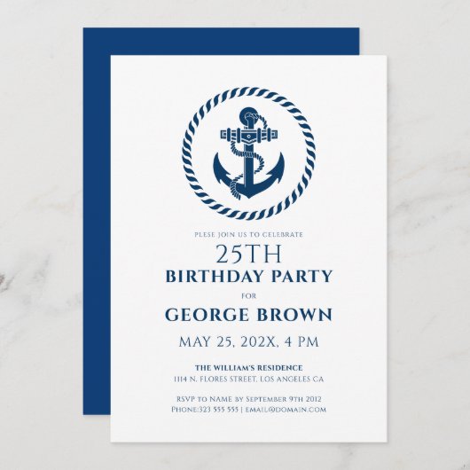 ボート航海のいかりロープバースデーパーティー 招待状 (正面/裏面)