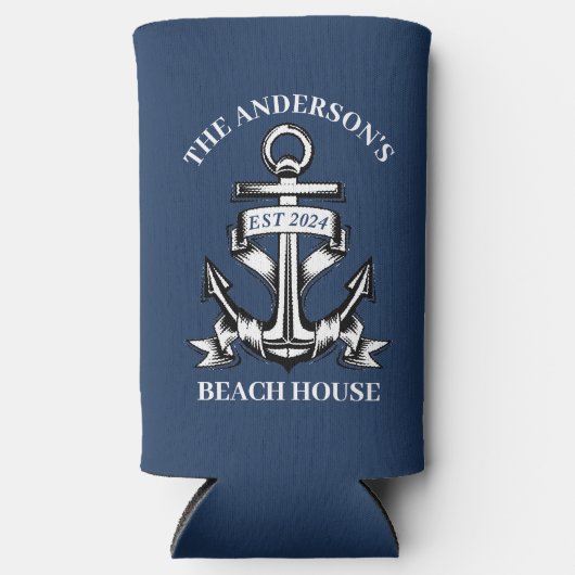 ボート航海のビーチハウスいかりファミリーネームエスト スリム缶クーラー (正面)