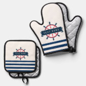 ボート航海のホイール、ネイビーブルーストライプホイール 鍋つかみ&鍋敷きセット (正面/裏面)