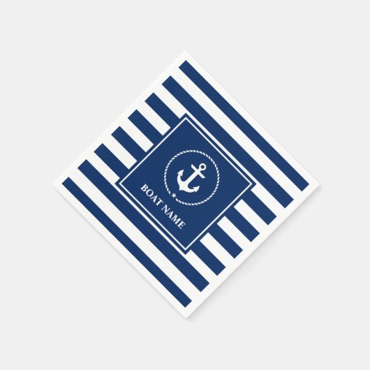 ボート航海の名いかりネイビーブルーストライプの スタンダードカクテルナプキン (角)