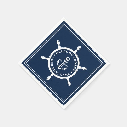 ボート航海の名いかりホイールネイビーブルー スタンダードカクテルナプキン (角)