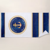 ボート航海の名いかりロープネイビーブルーイエロー ビーチタオル (正面)