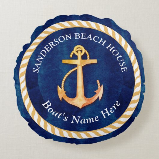ボート航海の名いかりロープネイビーブルーイエロー ラウンドクッション (正面)