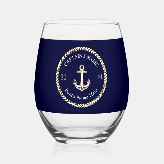 ボート航海の名いかりロープネイビーブルーホワイト ステムなしワイングラス (裏面)