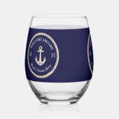 ボート航海の名いかりロープネイビーブルーホワイト ステムなしワイングラス (正面)