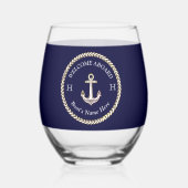 ボート航海の名いかりロープネイビーブルーホワイト ステムなしワイングラス (左)
