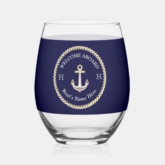 ボート航海の名いかりロープネイビーブルーホワイト ステムなしワイングラス (左)