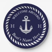 ボート航海の名いかりロープネイビーブルーホワイト ペーパープレート (正面)