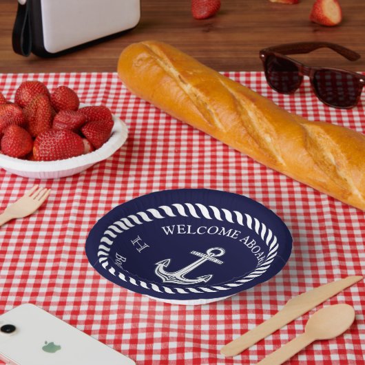 ボート航海の名いかりロープネイビーブルーホワイト ペーパーボウル (ピクニック)