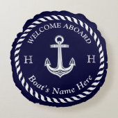 ボート航海の名いかりロープネイビーブルーホワイト ラウンドクッション (正面)