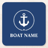 ボート航海の名いかりロープネイビーブルー スクエアペーパーコースター (正面)