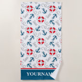 ボート航海の名いかりロープネイビーブルー ビーチタオル (正面)