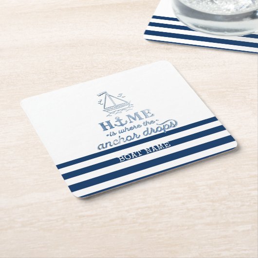 ボート航海の名、いかりシーネイビーブルーストライプの スクエアペーパーコースター (アングル)