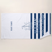ボート航海の名、いかりシーネイビーブルーストライプの ビーチタオル (正面)
