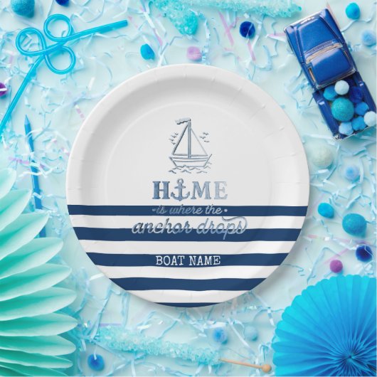 ボート航海の名、いかりシーネイビーブルーストライプの ペーパープレート (パーティー)
