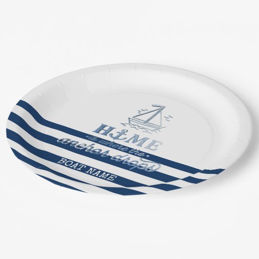 ボート航海の名、いかりシーネイビーブルーストライプの ペーパープレート (アングル)