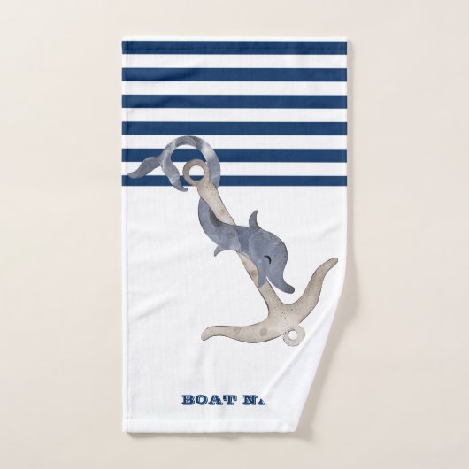 ボート航海の名,いかりドルフィンネイビーブルーストライプ バスタオルセット (ハンドタオル)