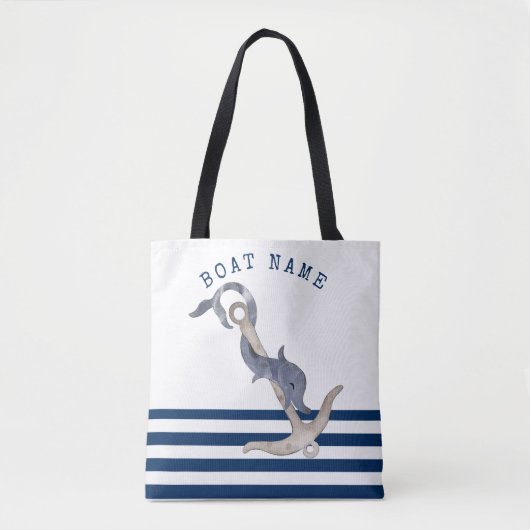ボート航海の名，いかりドルフィンブルーストライプの トートバッグ (正面)