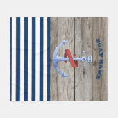 ボート航海の名、いかりネイビーブルーストライプのウッド フリースブランケット (正面(横))