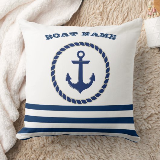 ボート航海の名、いかりネイビーブルーストライプの クッション (ブランケット)