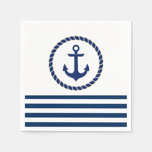 ボート航海の名、いかりネイビーブルーストライプの スタンダードカクテルナプキン (正面)