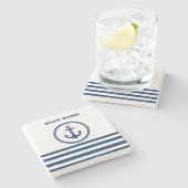 ボート航海の名、いかりネイビーブルーストライプの ストーンコースター (横)