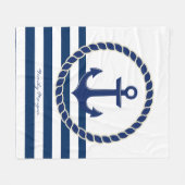 ボート航海の名、いかりネイビーブルーストライプの フリースブランケット (正面(横))