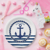 ボート航海の名、いかりネイビーブルーストライプの ペーパープレート (パーティー)