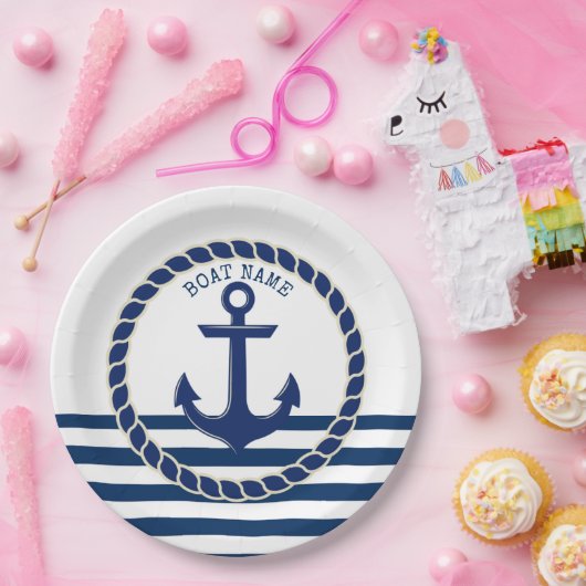 ボート航海の名、いかりネイビーブルーストライプの ペーパープレート (パーティー)