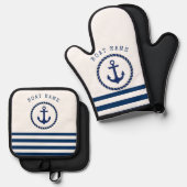 ボート航海の名、いかりネイビーブルーストライプの 鍋つかみ&鍋敷きセット (正面/裏面)