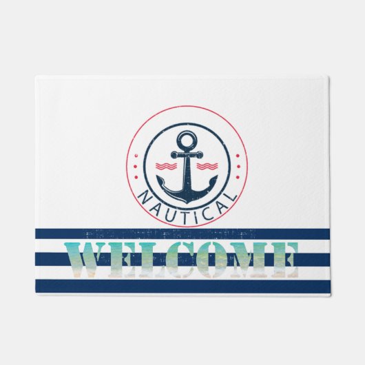 ボート航海の名、いかりネイビーブルーストライプズ ドアマット (正面)